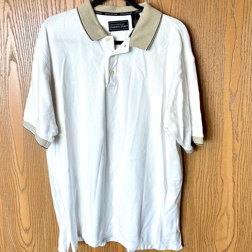 STEVE STRICKER FAIRWAY SPORT MENS POLO GOLF SHIRT SIZE L WHITE / TAN ATHLEISURE